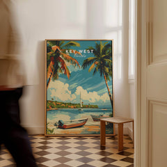 Key West Poster featuring vibrant tropical scene with palm trees and boats in Key West, Florida.