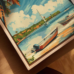 Key West Poster featuring vibrant boats on a tropical waterway under a bright blue sky.