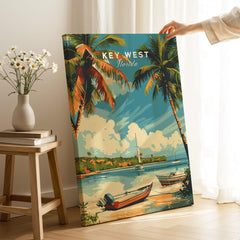 Key West Poster showcasing vibrant colors of a tropical paradise with boats and palm trees in Florida.