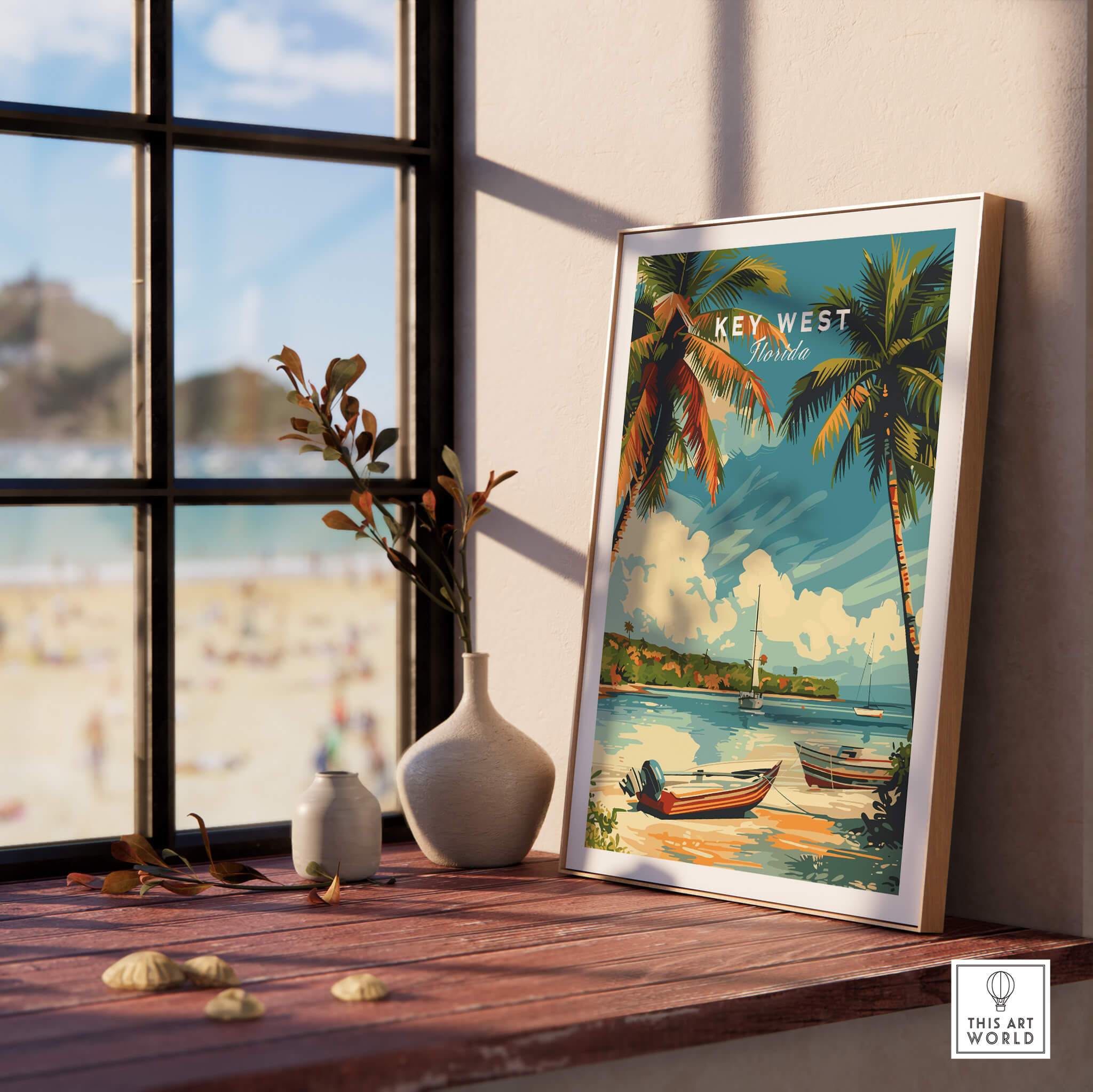 Key West Poster featuring a tropical scene with palm trees and a boat, perfect for home decor.