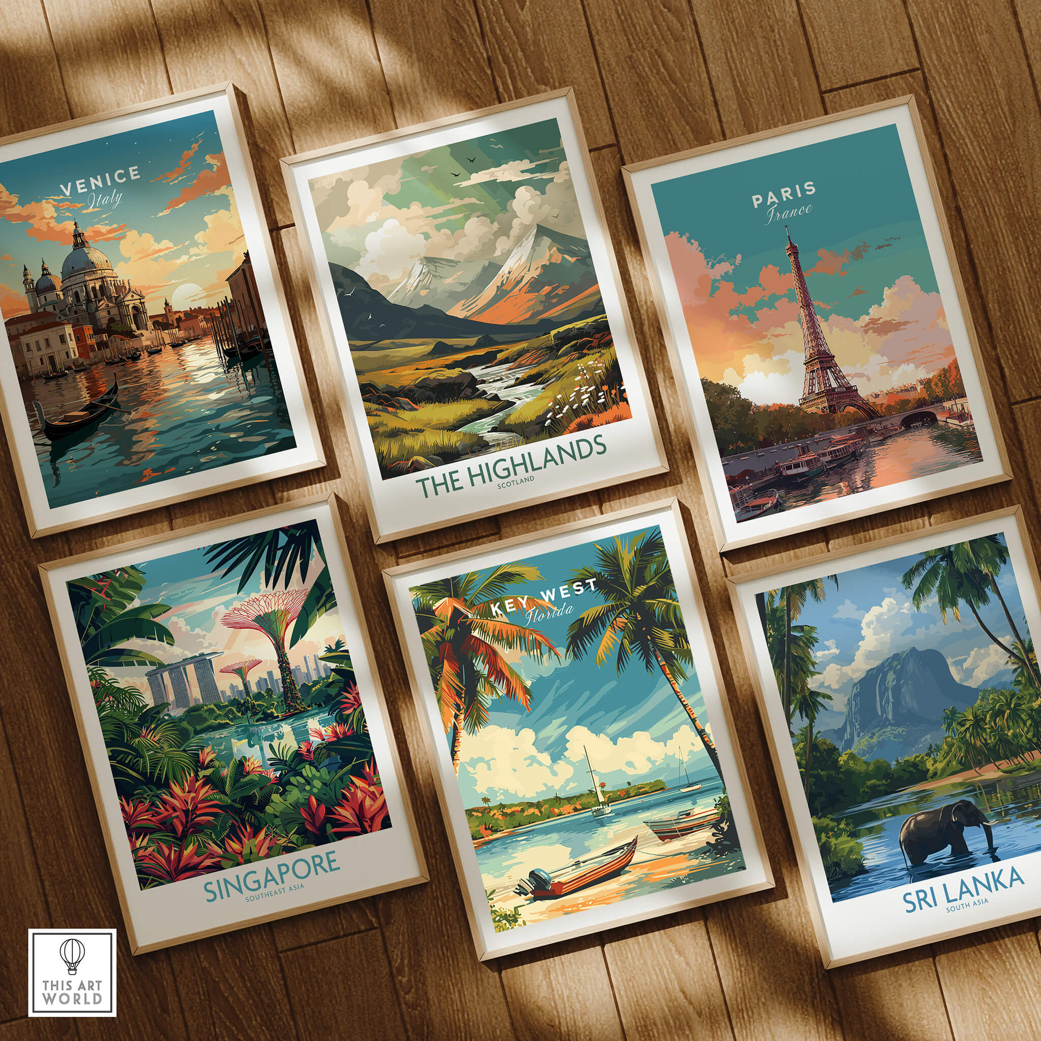 A collection of framed travel posters featuring Venice, The Highlands, Paris, Key West, Singapore, and Sri Lanka.