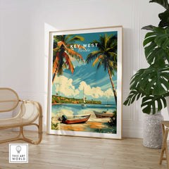 Key West Poster featuring vibrant tropical scenery with palm trees and boats, bringing the essence of Florida Keys indoors.