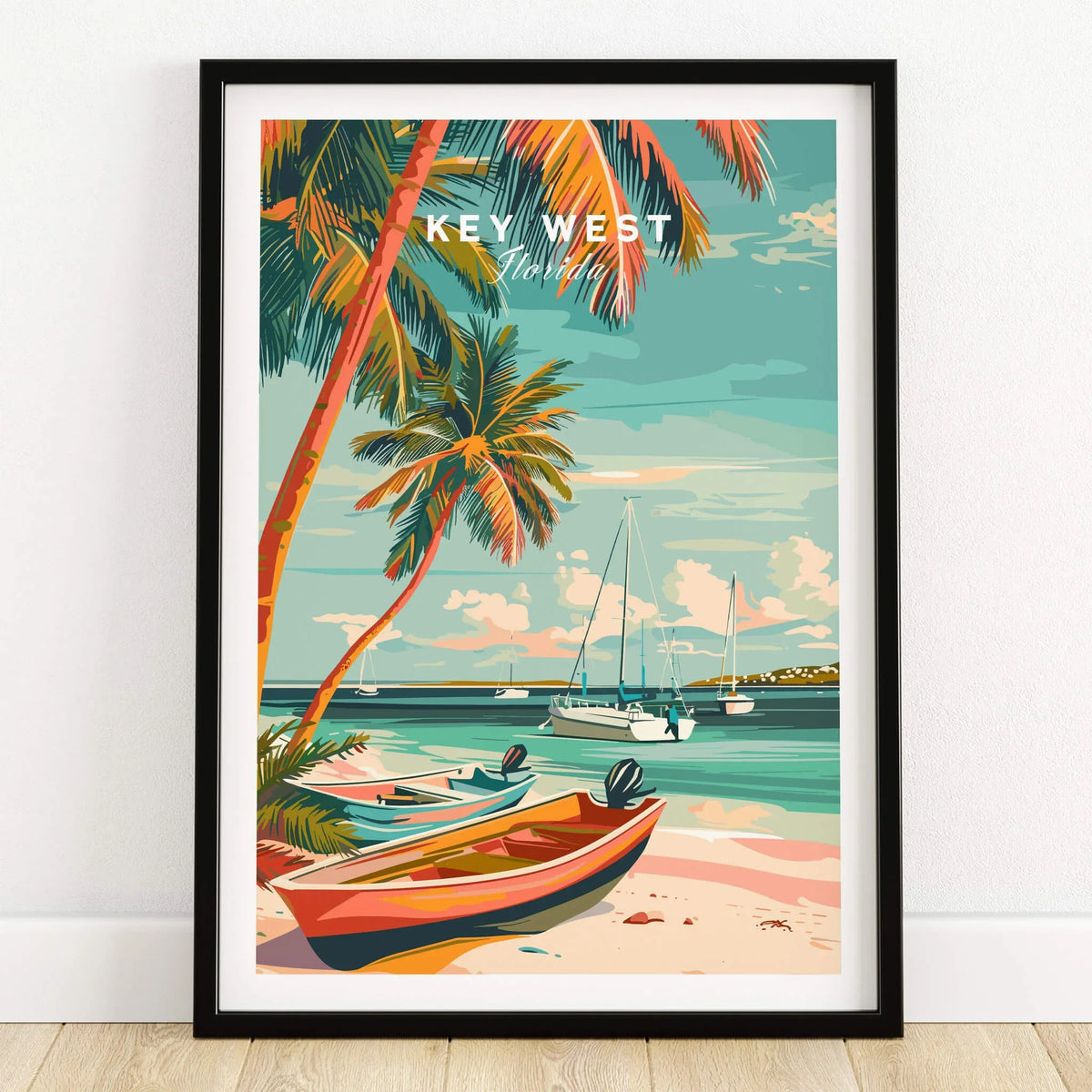 Key West Wall Art featuring a vibrant tropical scene with palm trees and boats on the beach.