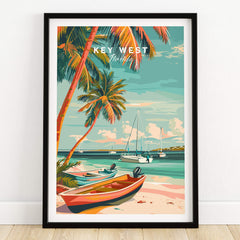 Key West Wall Art featuring a vibrant tropical scene with palm trees and boats on the beach.