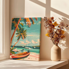 Key West Wall Art depicting a tropical beach scene with palm trees and boats, adding coastal charm to your home.