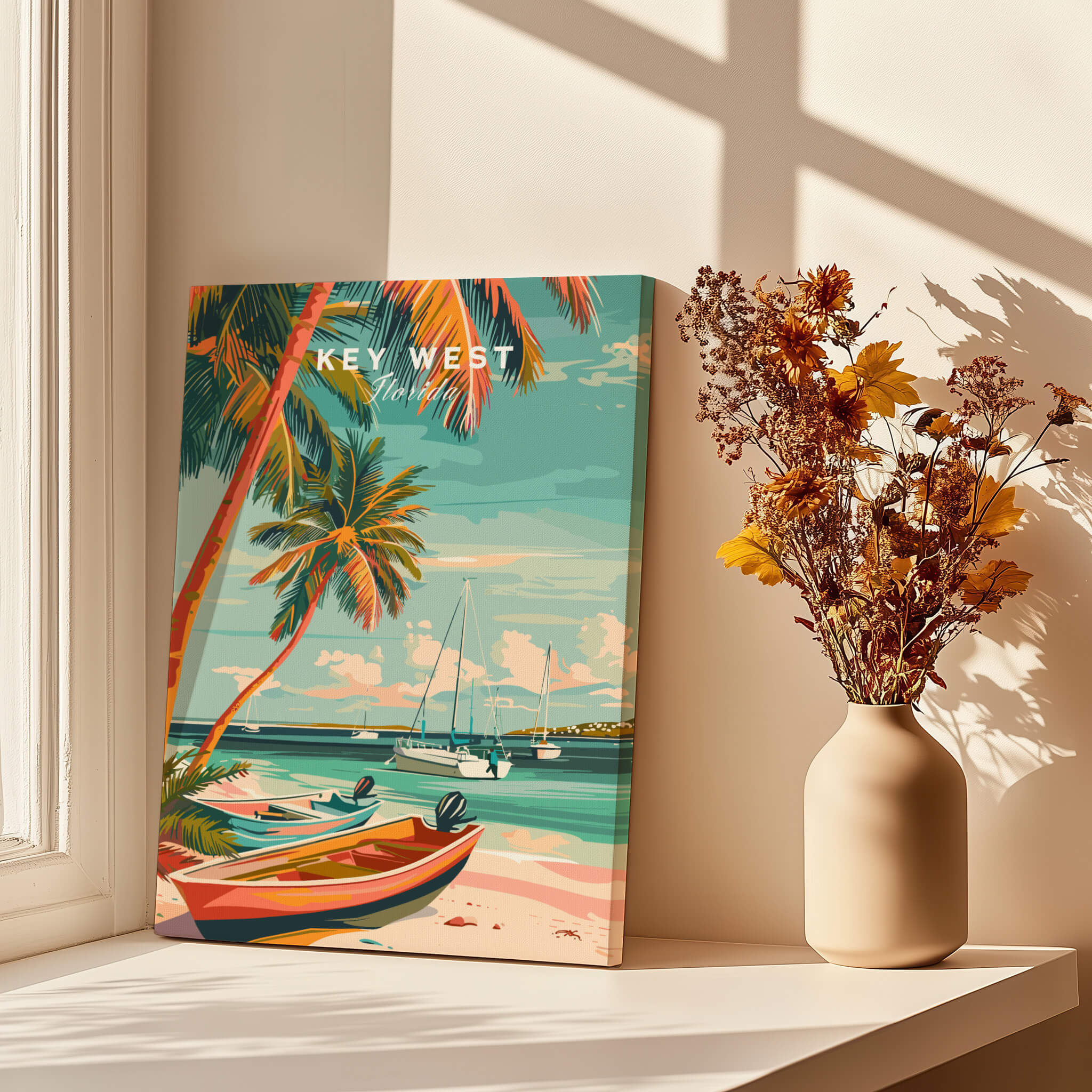 Key West Wall Art depicting a tropical beach scene with palm trees and boats, adding coastal charm to your home.