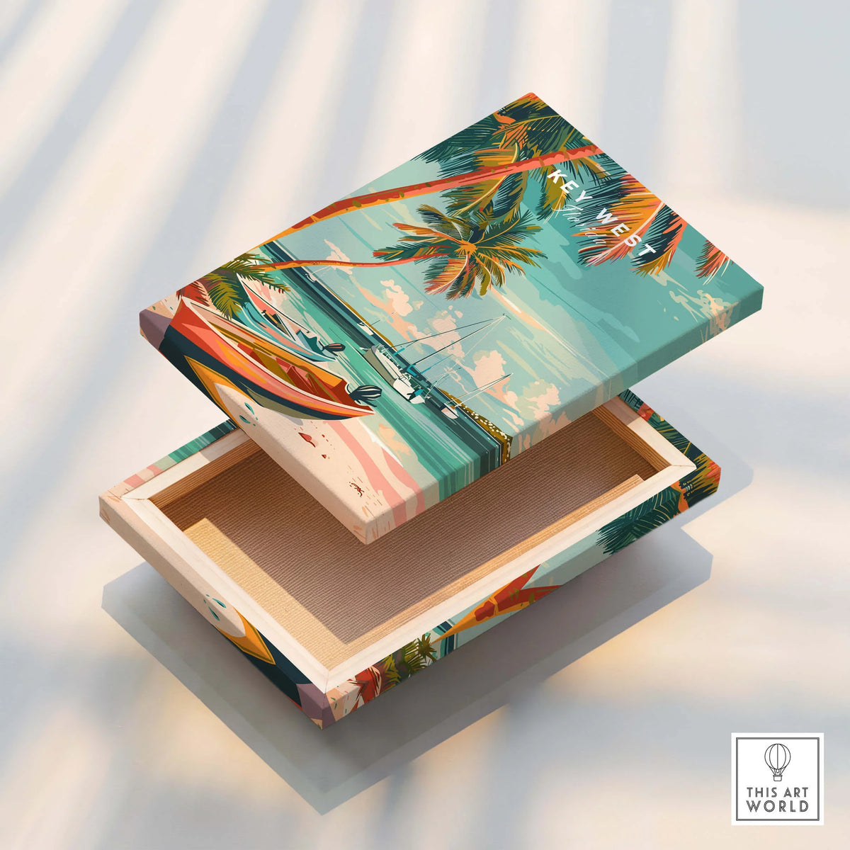 Key West Wall Art featuring tropical scenery, palm trees, and vibrant colors in a decorative box.