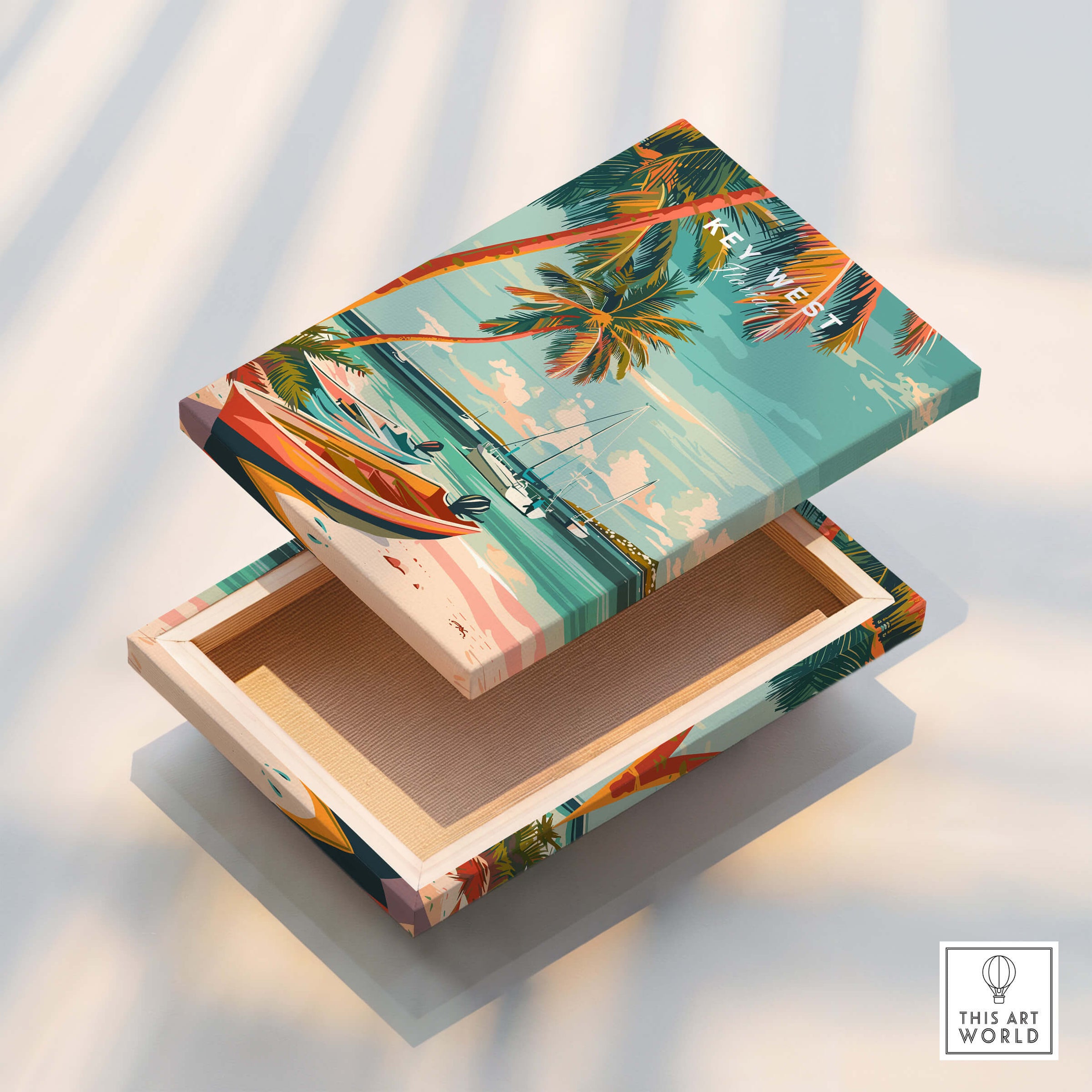 Key West Wall Art featuring tropical scenery, palm trees, and vibrant colors in a decorative box.