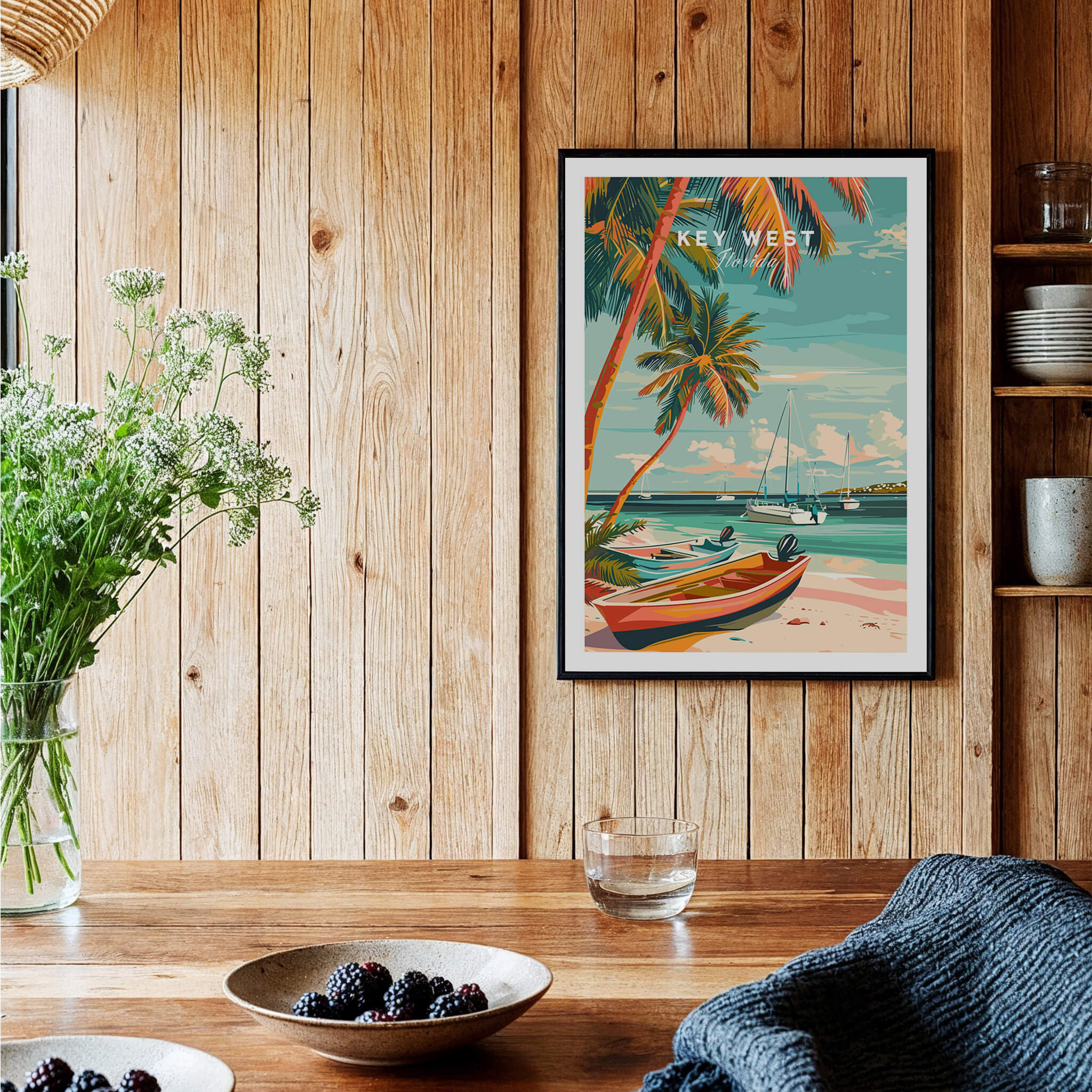 Key West Wall Art featuring vibrant coastal scenery with palm trees and boats in a rustic wooden setting.