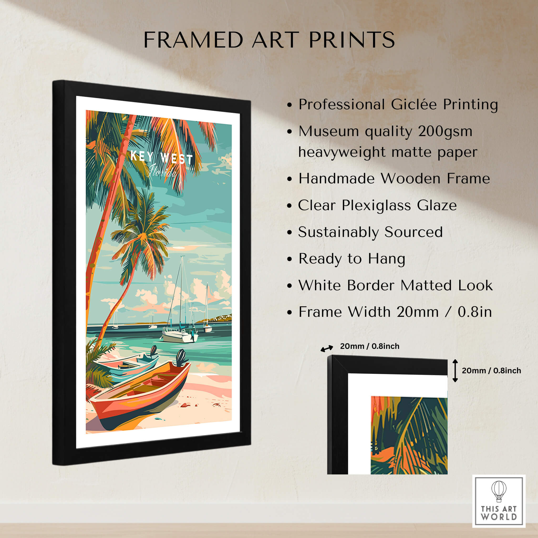 Key West Wall Art framed with a wooden frame, showcasing vibrant beaches and tropical scenery.