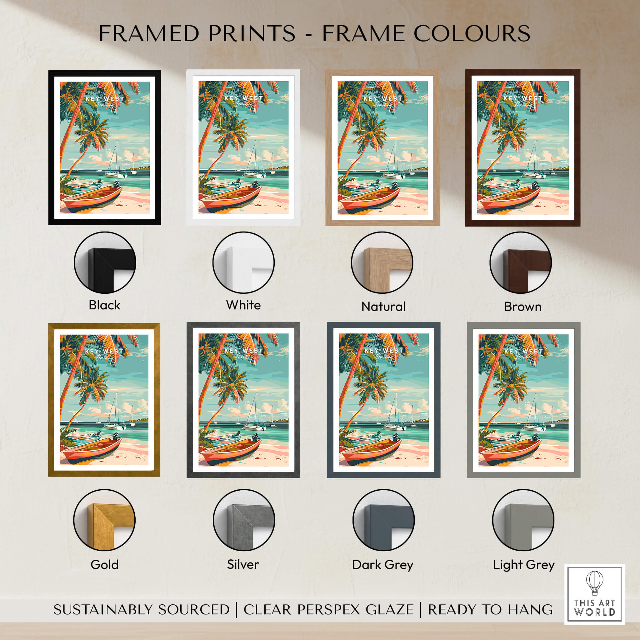 Key West Wall Art framed prints options in various colors like black, white, natural, and brown for coastal decor.