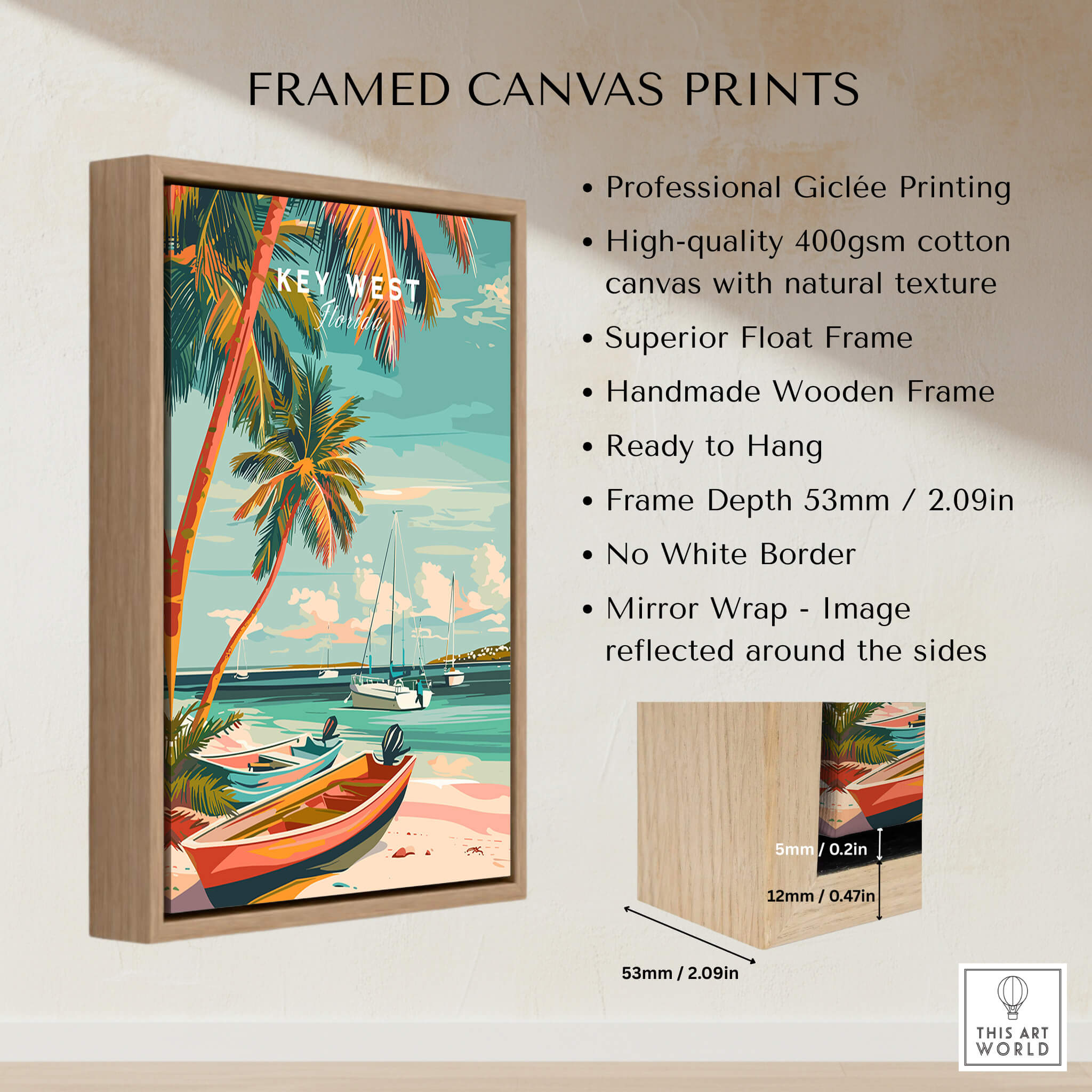 Key West Wall Art framed canvas print showcasing vibrant tropical scenery and high-quality giclée printing.