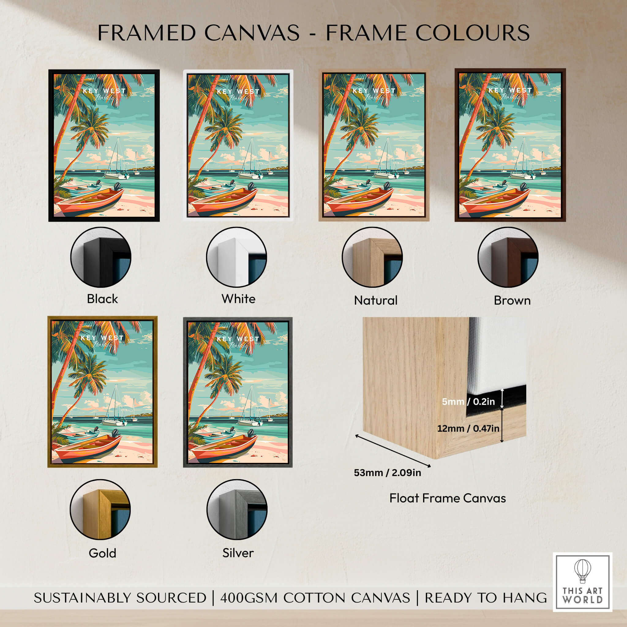Key West Wall Art framed canvas options in various colors including black, white, natural, brown, gold, and silver.