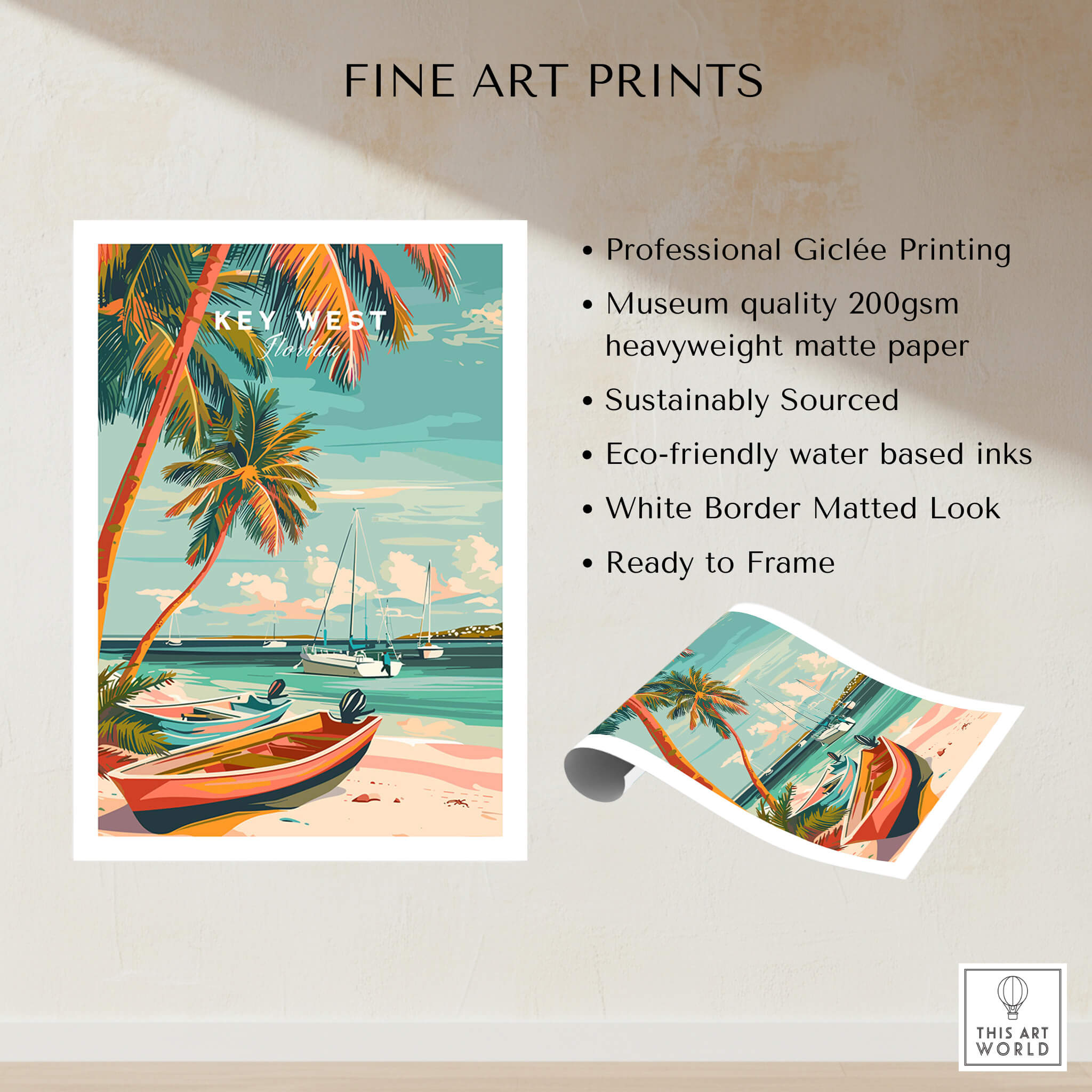 Key West Wall Art featuring a vibrant tropical scene with boats and palm trees, perfect for coastal decor.