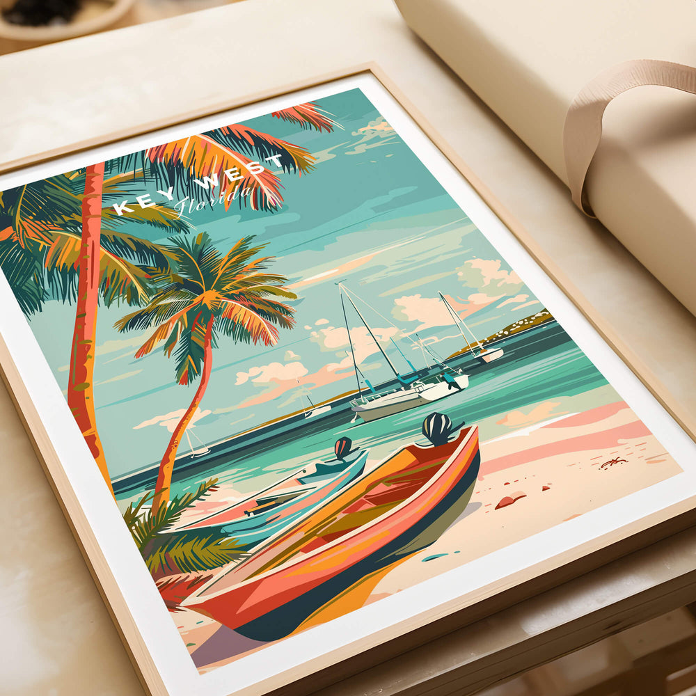 Key West Wall Art featuring colorful scenery with boats and palm trees, perfect for coastal home decor.