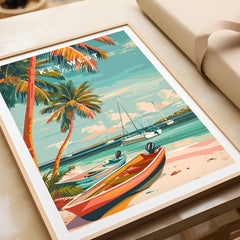 Key West Wall Art featuring colorful scenery with boats and palm trees, perfect for coastal home decor.