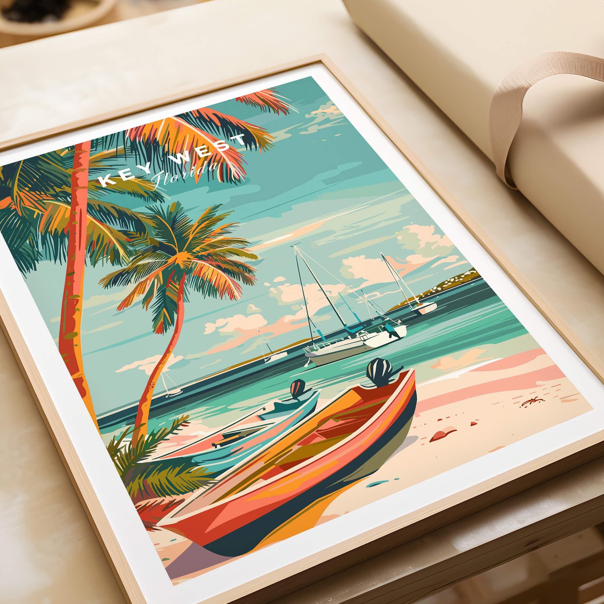 Key West Wall Art featuring colorful scenery with boats and palm trees, perfect for coastal home decor.