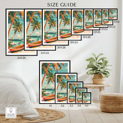 Key West Wall Art size guide with various frame options displayed in a stylish living room setting.