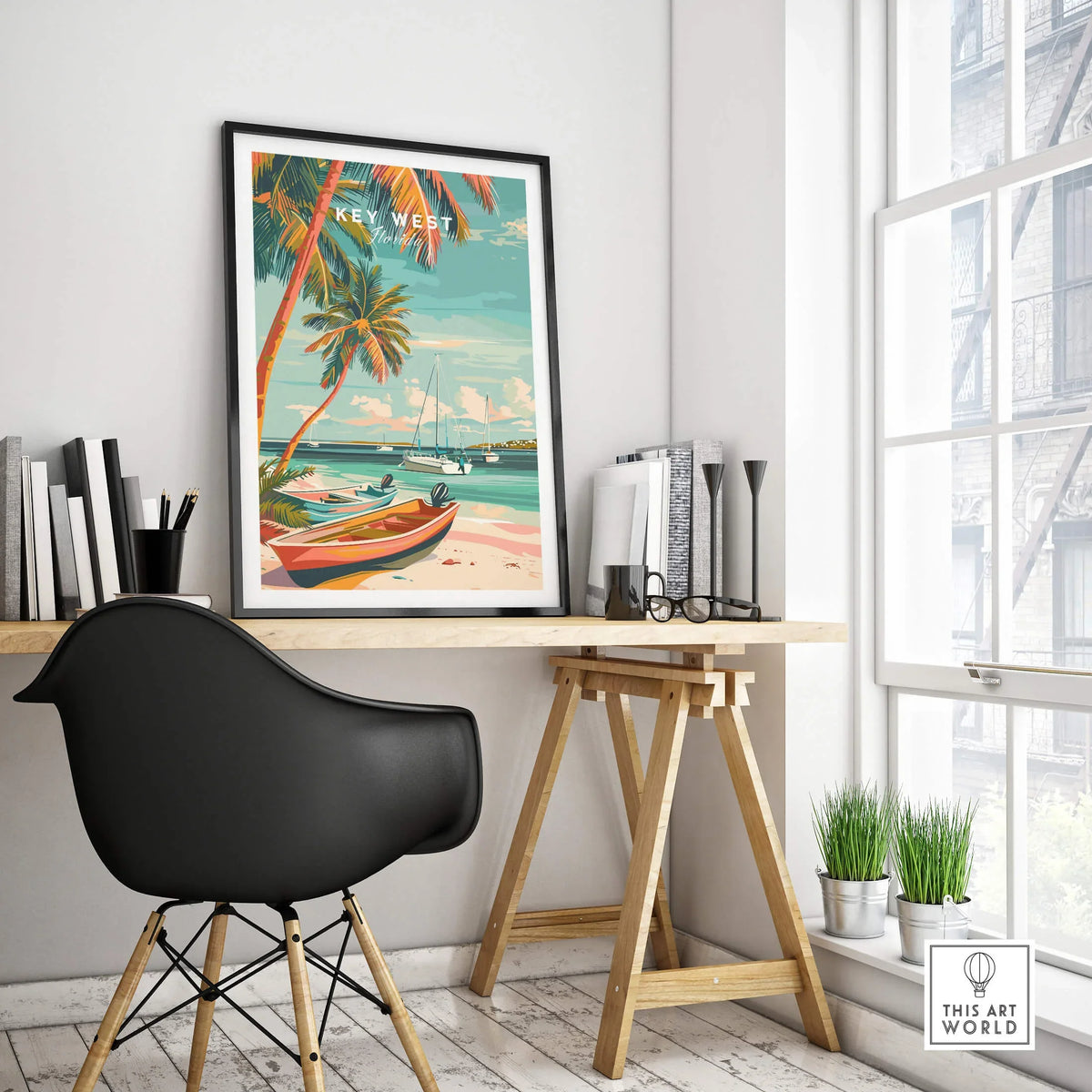 Key West Wall Art featuring a tropical scene with palm trees and boats, ideal for coastal home decor.