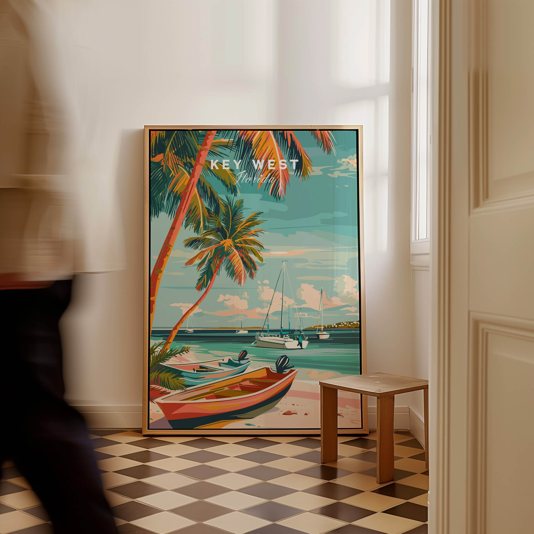 Key West Wall Art featuring vibrant tropical scenery with palm trees and a boat.