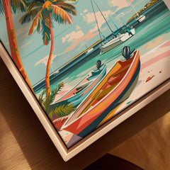 Key West Wall Art featuring vibrant boats and palm trees, enhancing coastal charm in home decor.