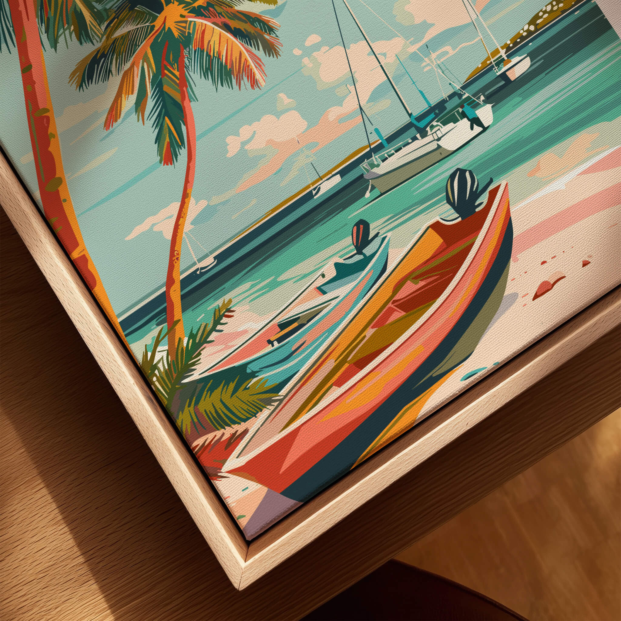 Key West Wall Art featuring vibrant boats and palm trees, enhancing coastal charm in home decor.