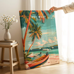 Key West Wall Art showcasing vibrant tropical scenery with boats and palm trees, perfect for coastal decor.