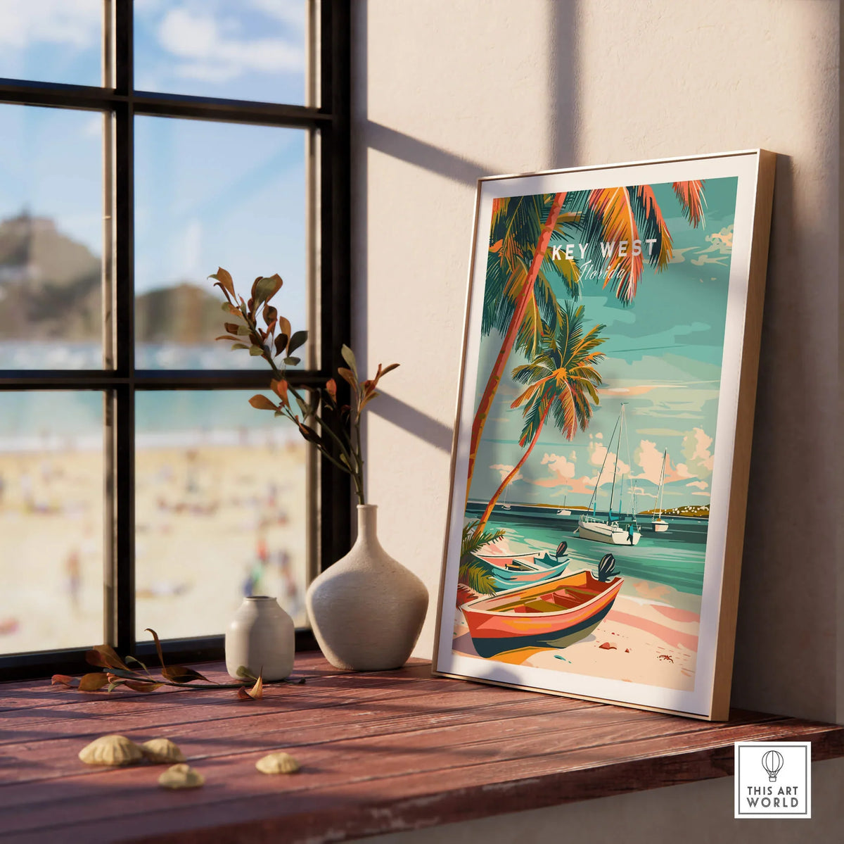 Key West Wall Art displayed in a bright room with beach view, featuring vibrant tropical scenery and coastal charm.