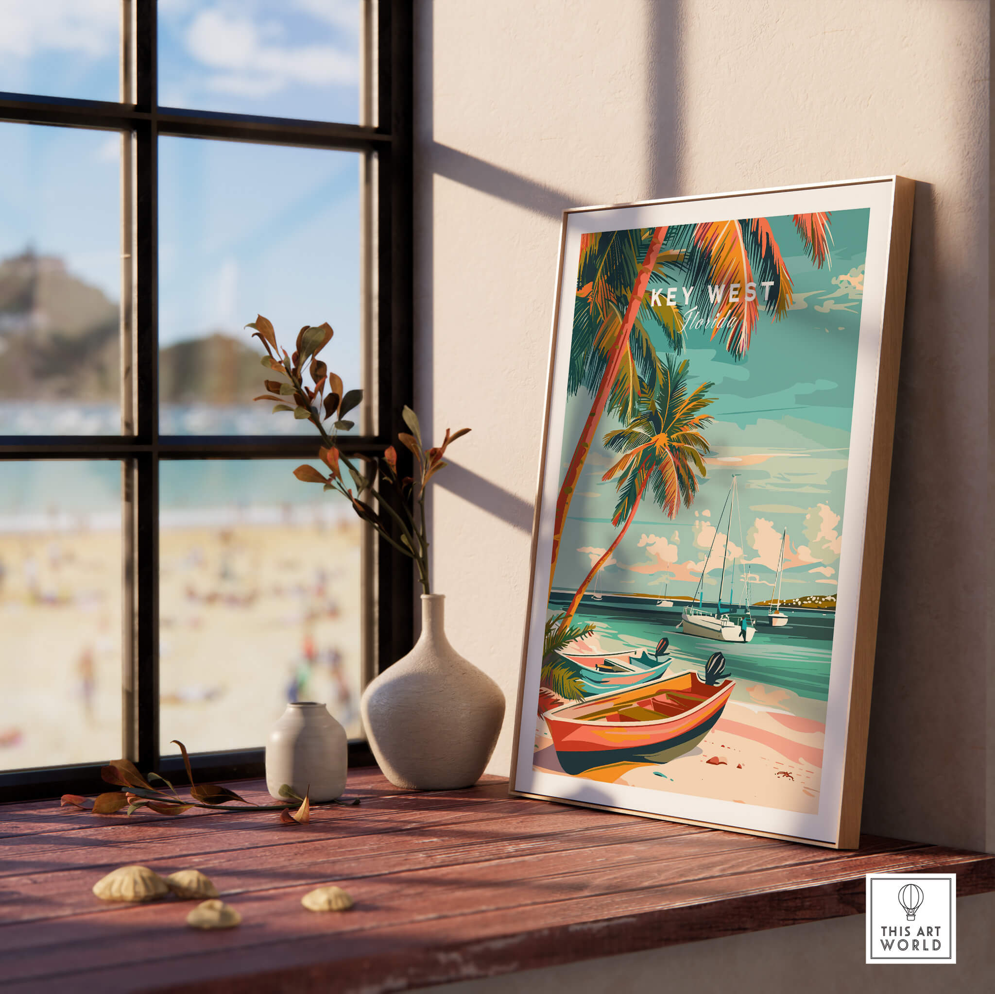 Key West Wall Art displayed in a bright room with beach view, featuring vibrant tropical scenery and coastal charm.