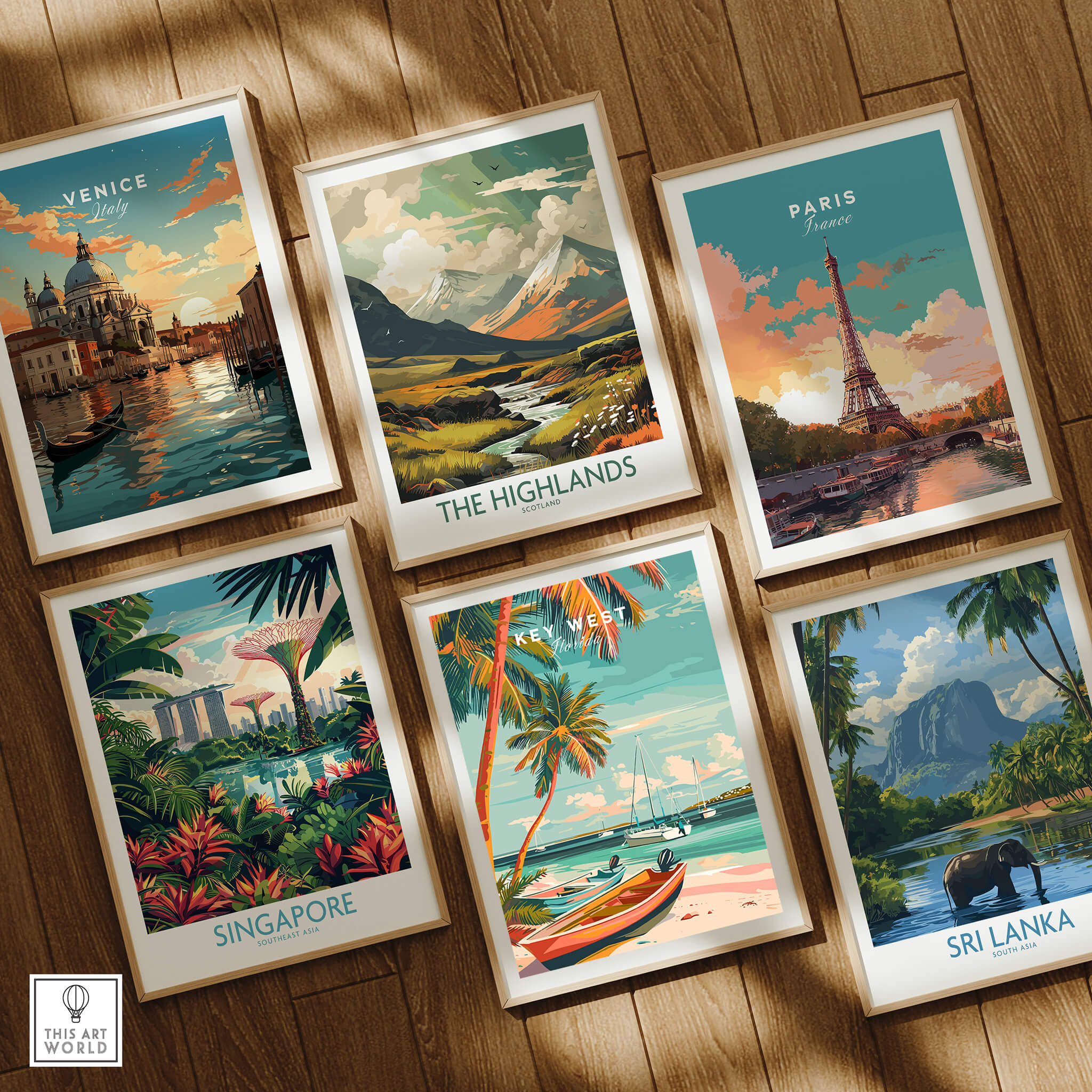 Key West Wall Art collection featuring vibrant travel posters from various destinations including Paris and Venice.