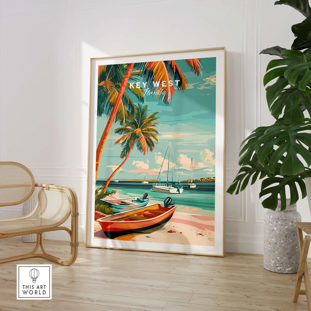Key West Wall Art showcasing a vibrant tropical scene with palm trees and boats, perfect for coastal decor.