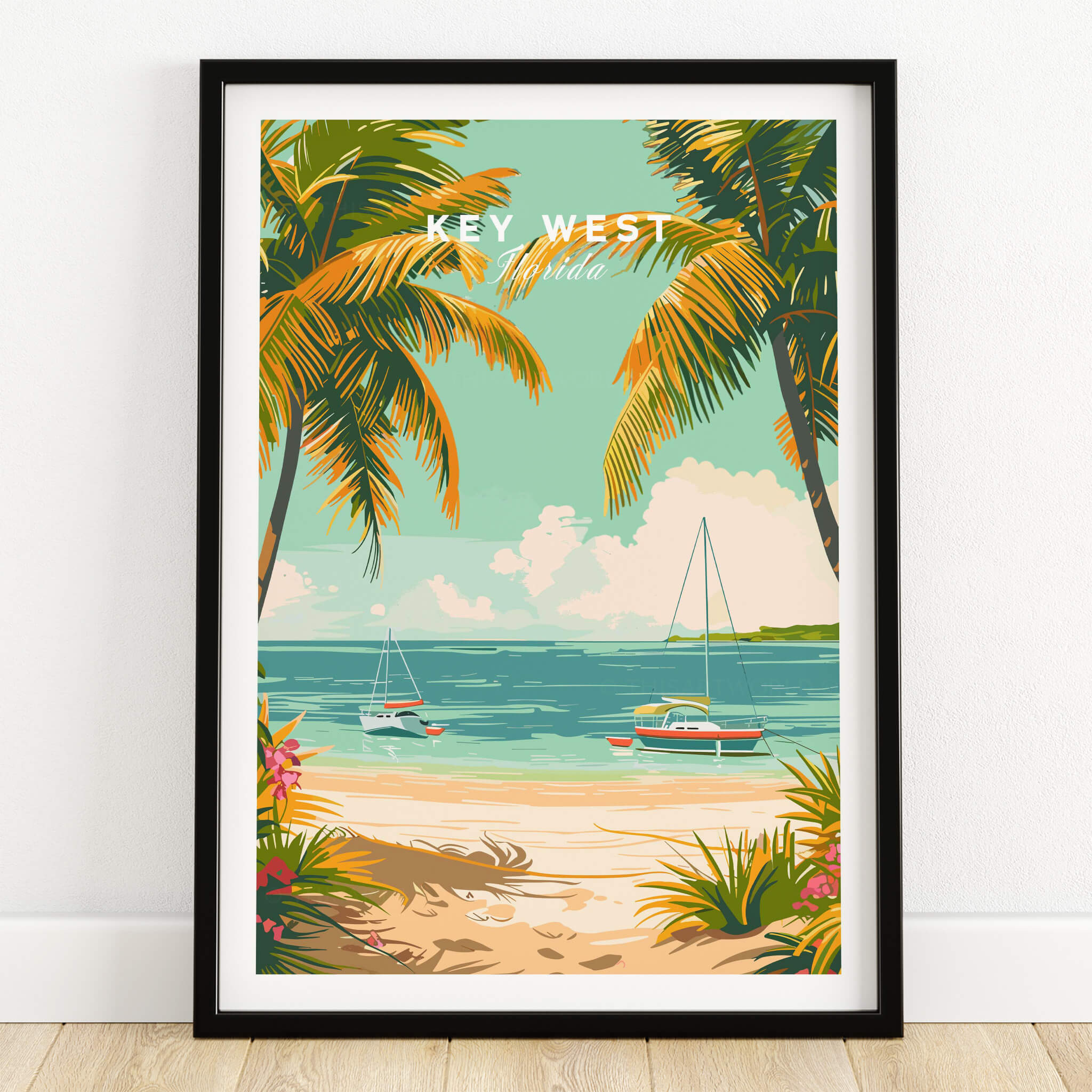 Key West Travel Poster showcasing vibrant beach scene with palm trees and sailboats in tropical colors.