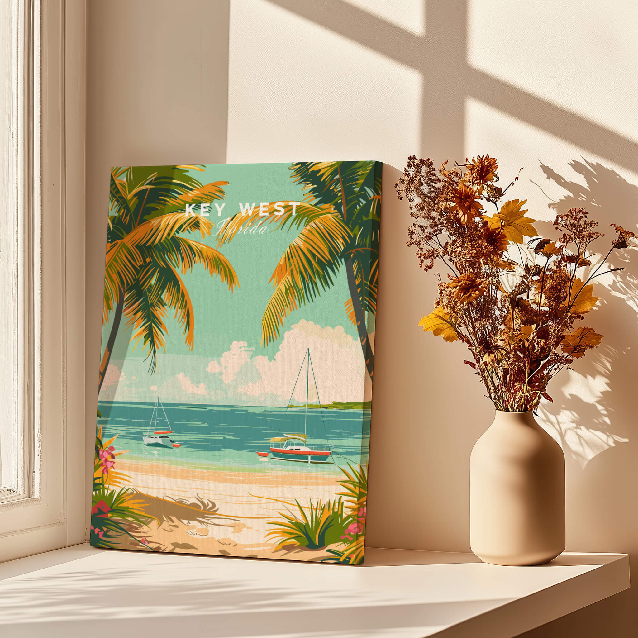 Key West Travel Poster featuring vibrant palm trees, sandy beach, and boats, adding tropical charm to your decor.