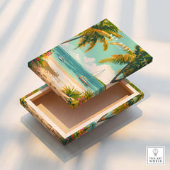 Key West Travel Poster design on a decorative box showcasing tropical beach scene with palm trees and people.