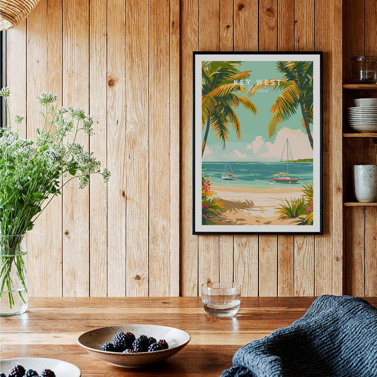 Key West Travel Poster featuring tropical palm trees and beach scene, bringing tropical charm to home decor.