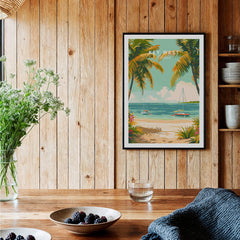 Key West Travel Poster featuring tropical palm trees and beach scene, bringing tropical charm to home decor.