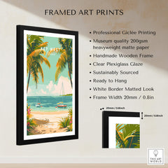 Key West Travel Poster framed art print featuring vibrant palm trees and a sailboat with a clear plexiglass glaze.