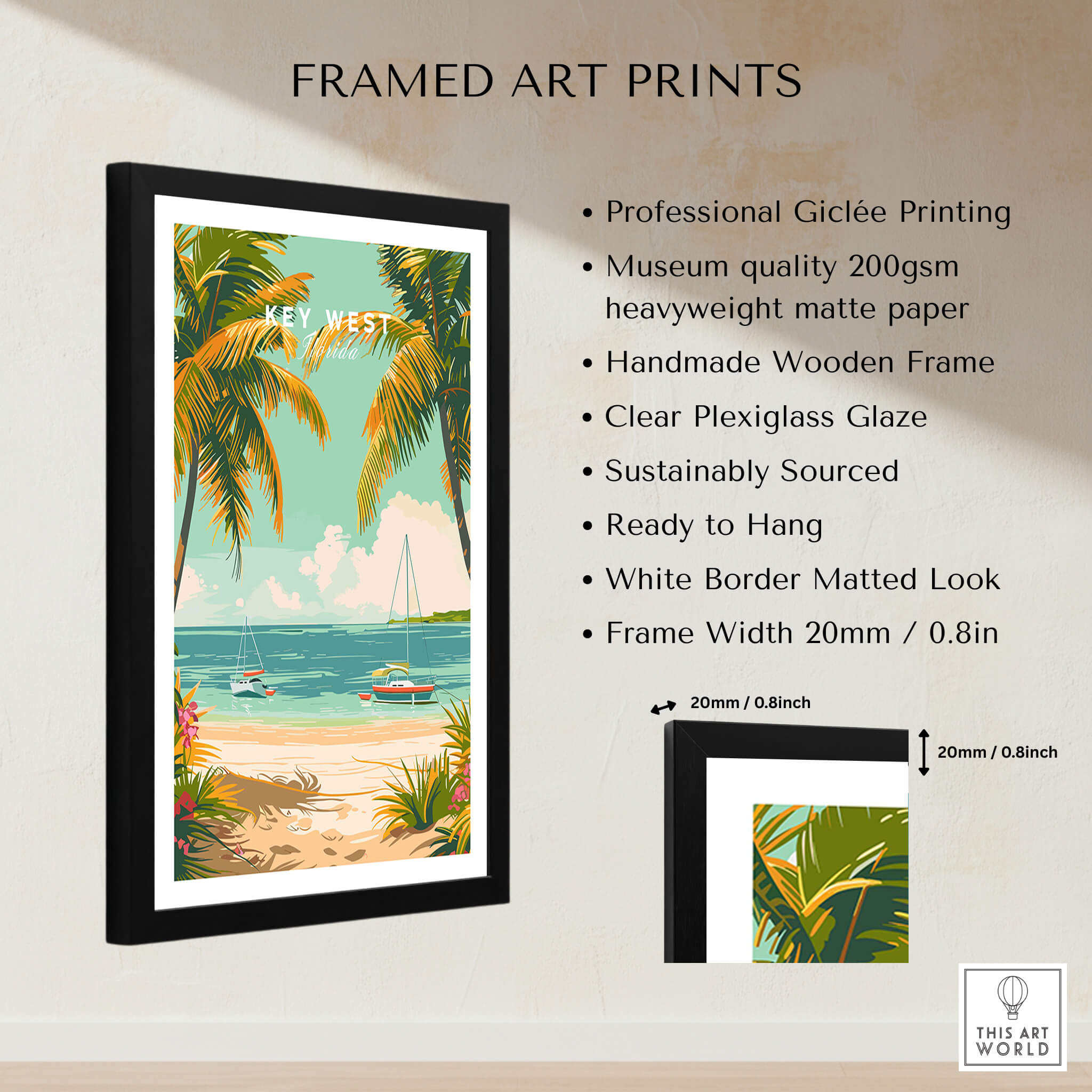 Key West Travel Poster framed art print featuring vibrant palm trees and a sailboat with a clear plexiglass glaze.