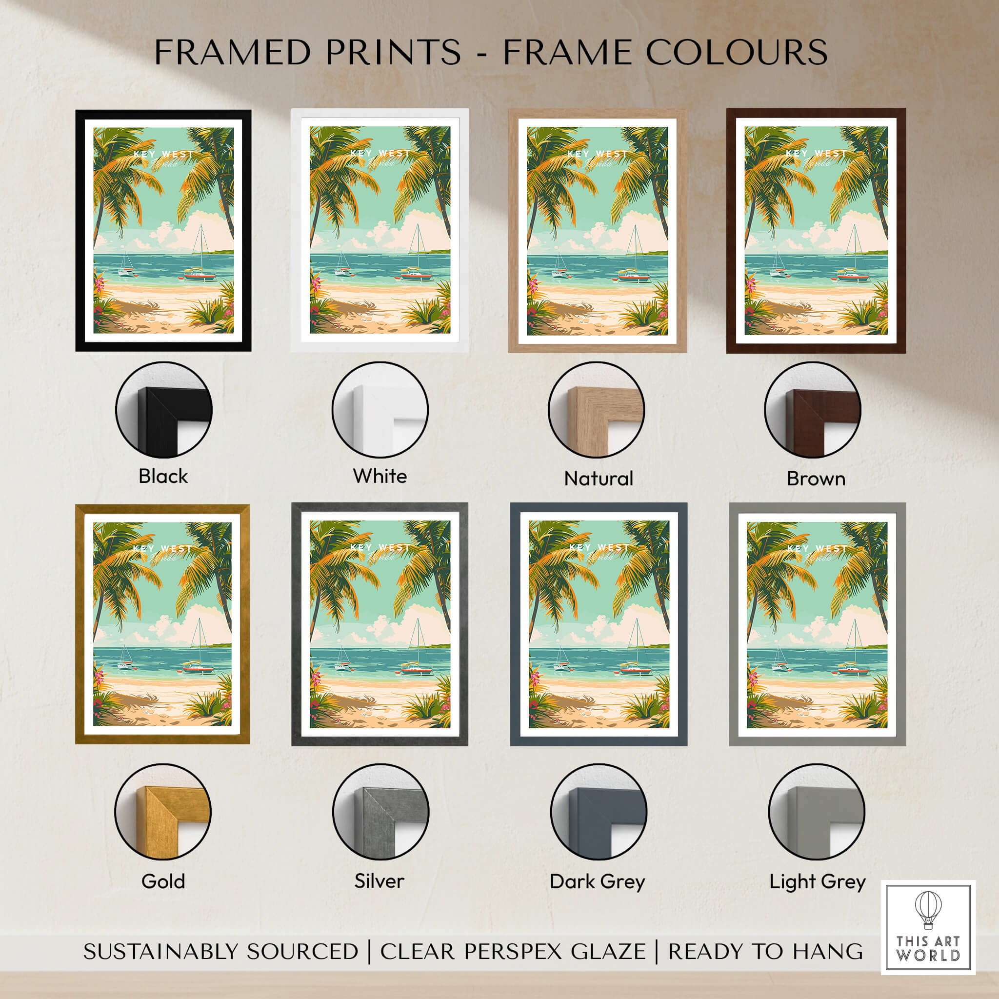 Key West Travel Poster framed print options in various colors including Black, White, Natural, and Brown.