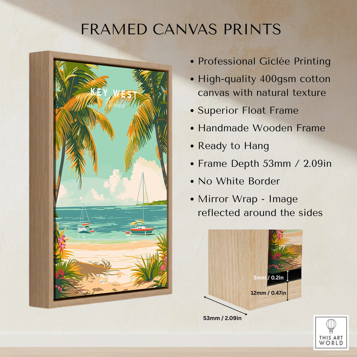 Key West Travel Poster showcasing a vibrant beach scene with palm trees and clear waters in a wooden frame.