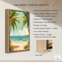 Key West Travel Poster showcasing a vibrant beach scene with palm trees and clear waters in a wooden frame.
