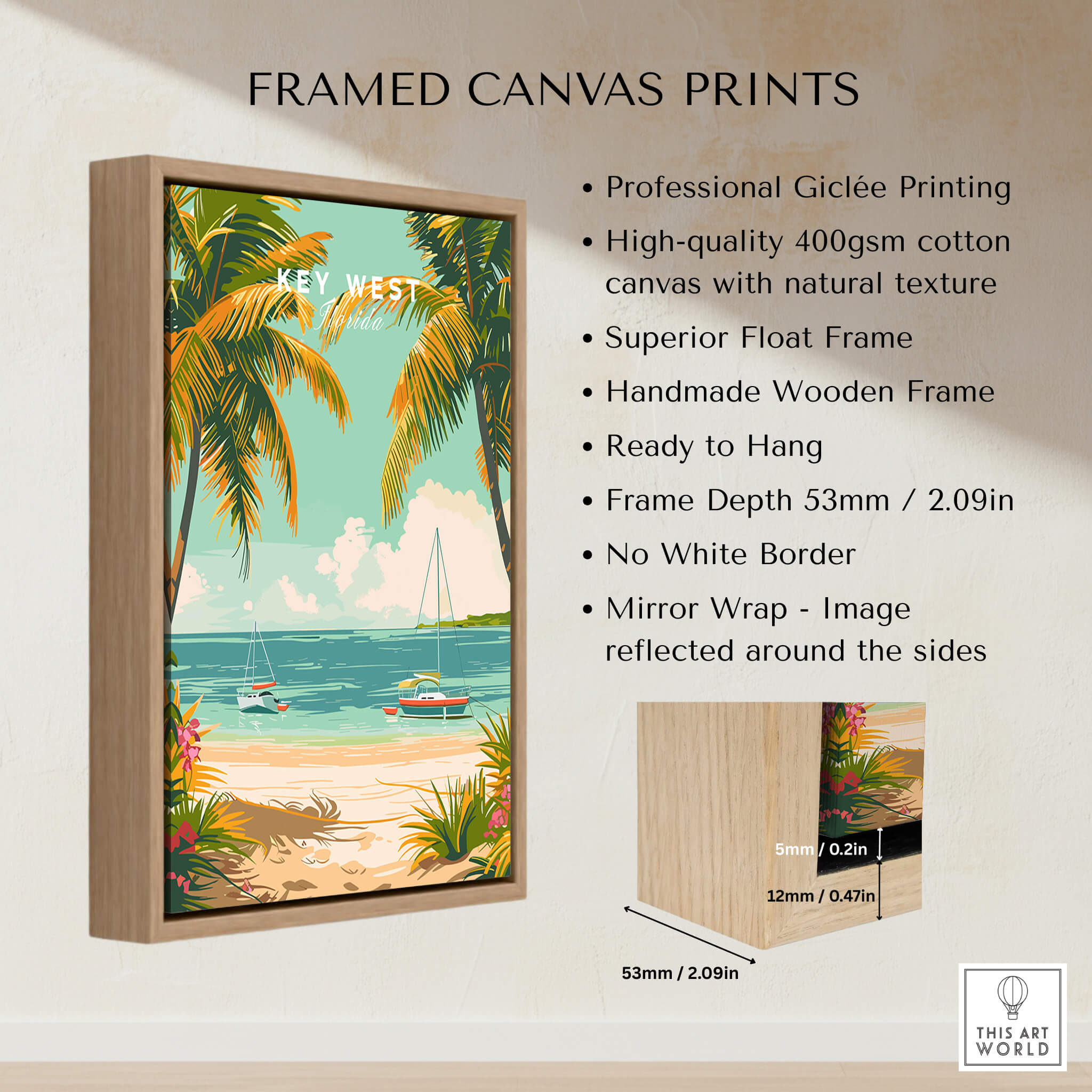 Key West Travel Poster showcasing a vibrant beach scene with palm trees and clear waters in a wooden frame.