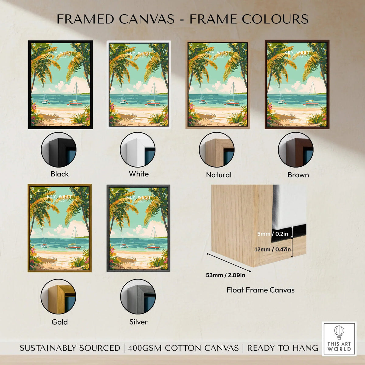 Framed Key West Travel Poster options displayed in various frame colors including black, white, natural, brown, gold, and silver.