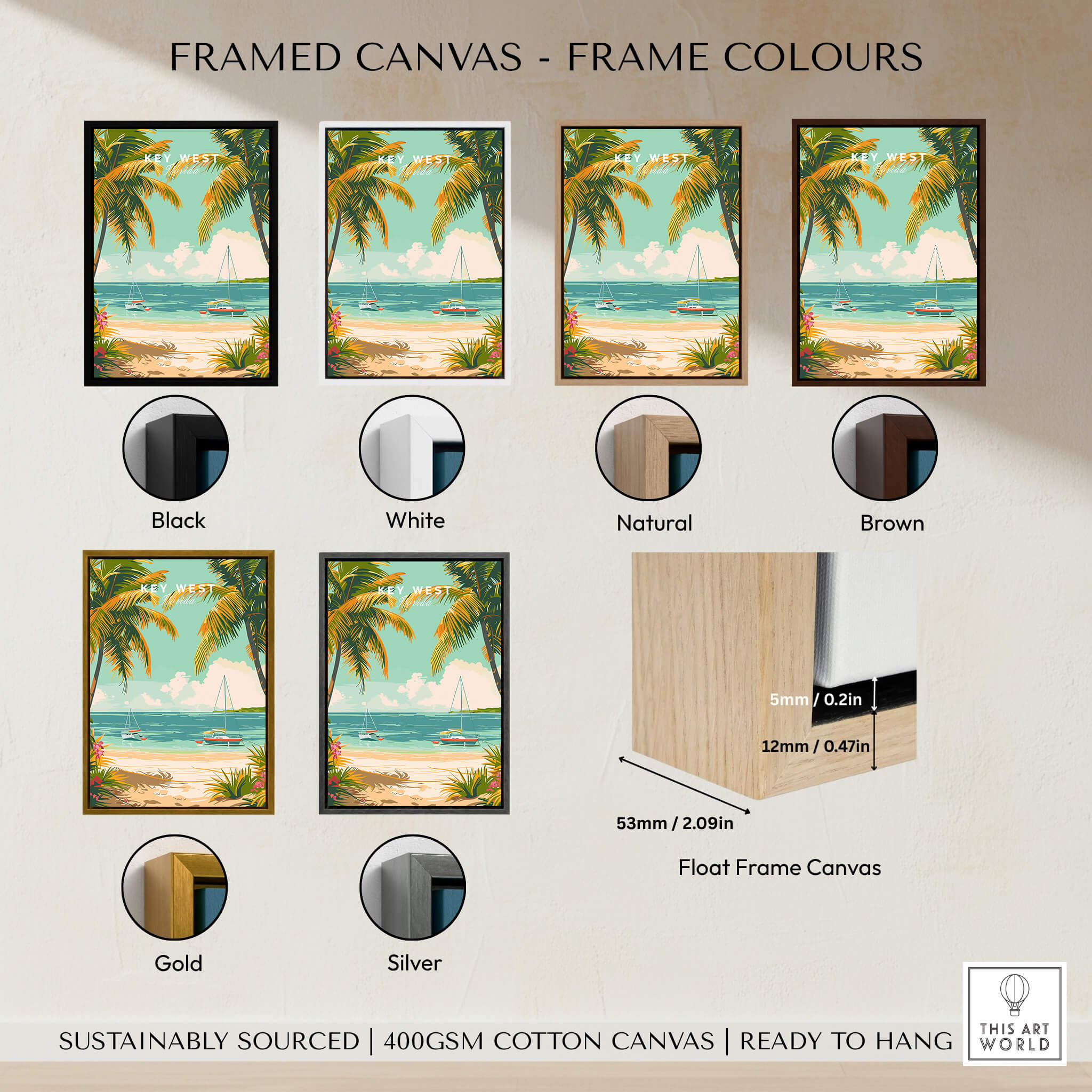 Framed Key West Travel Poster options displayed in various frame colors including black, white, natural, brown, gold, and silver.