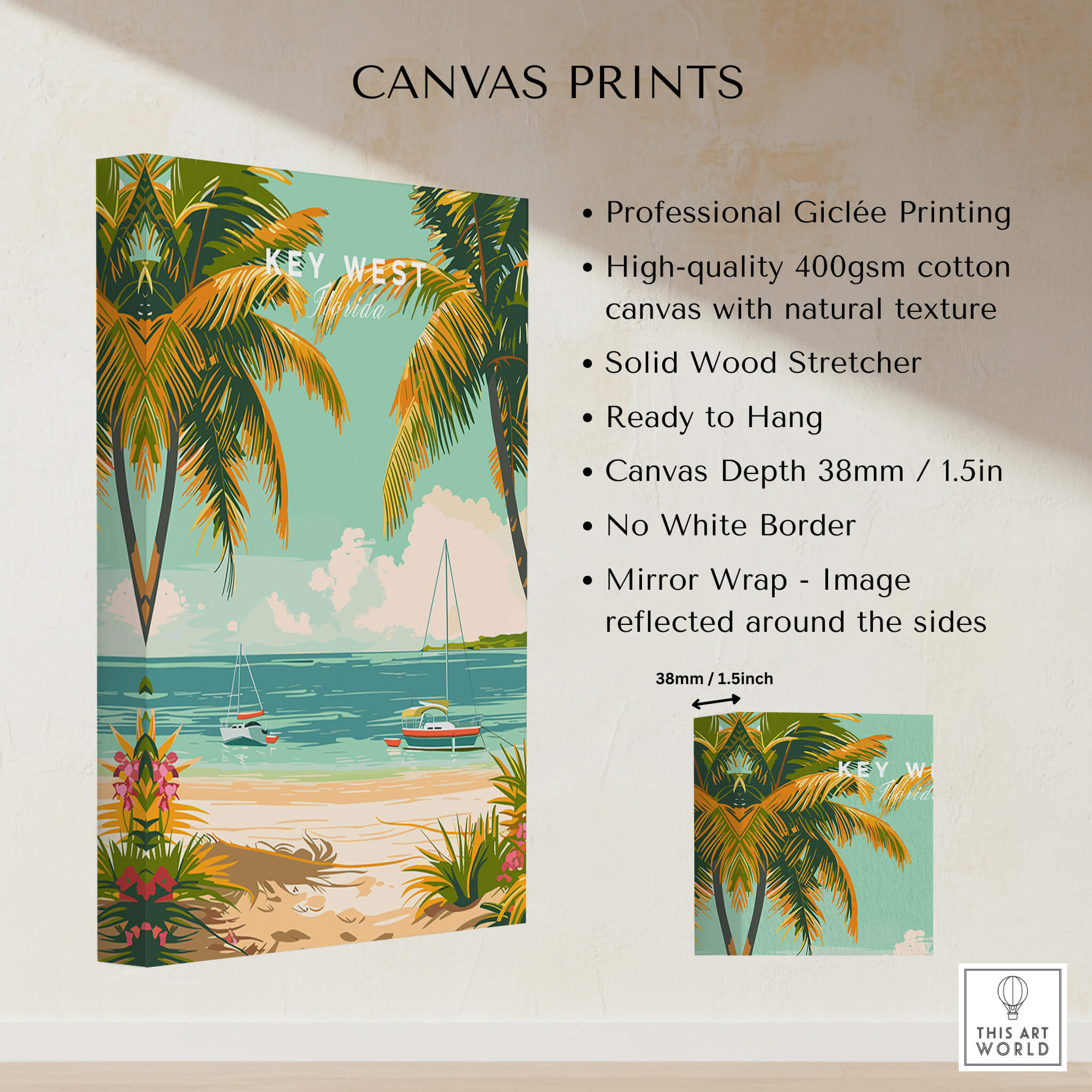Key West Travel Poster showcasing vibrant tropical scene with palm trees and sailboats, perfect for home decor.