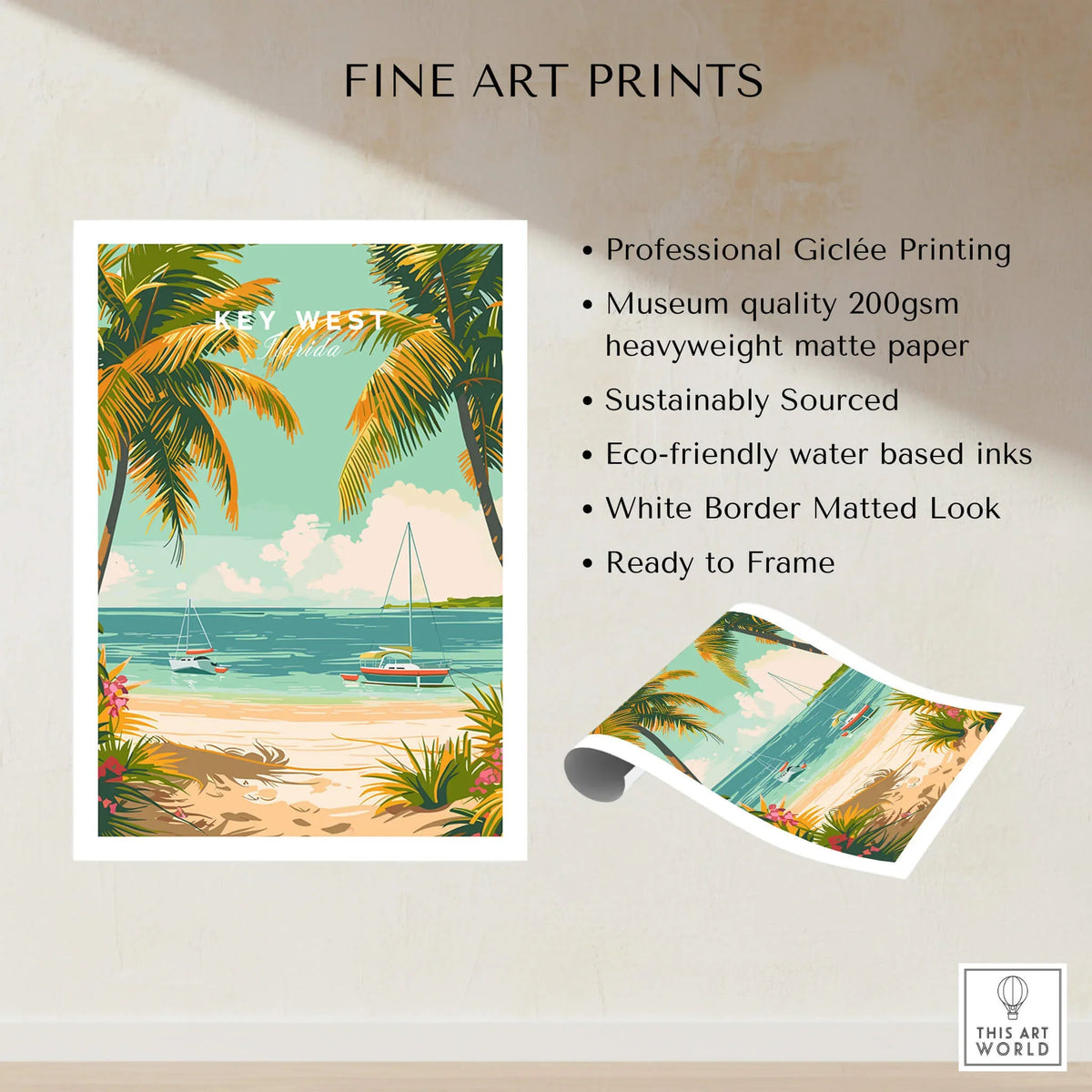 Key West Travel Poster featuring a tropical beach scene with palm trees and boats, ideal for home decor.