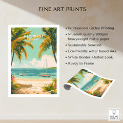 Key West Travel Poster featuring a tropical beach scene with palm trees and boats, ideal for home decor.