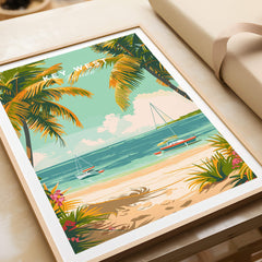 Key West Travel Poster featuring tropical beach, palm trees, and boats in the water