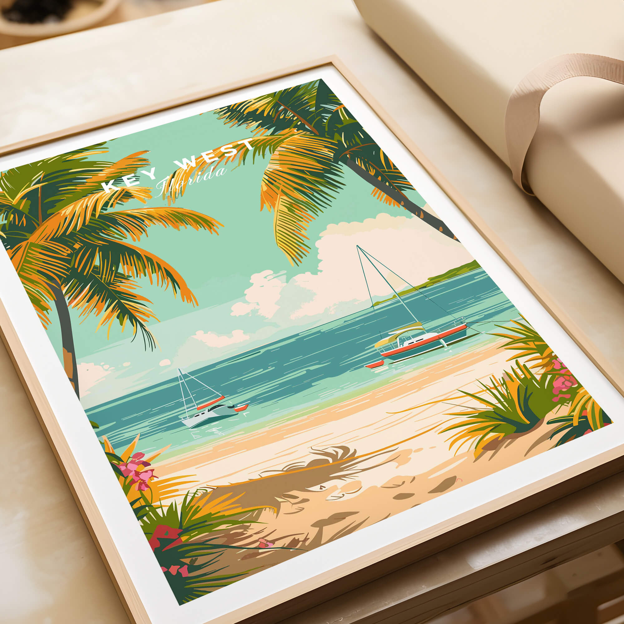 Key West Travel Poster featuring tropical beach, palm trees, and boats in the water