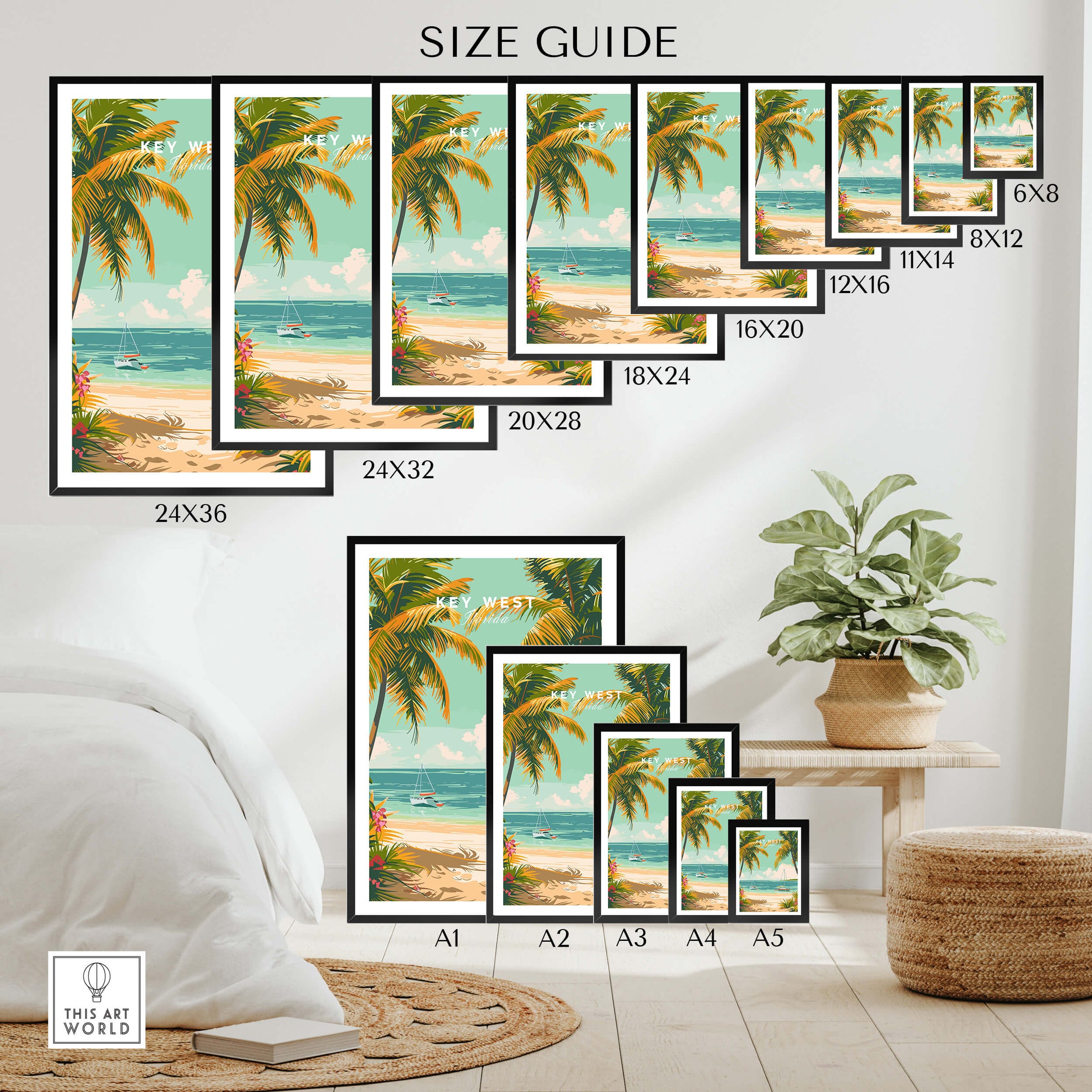 Size guide for Key West Travel Poster showcasing various frame sizes and vibrant beach scene.